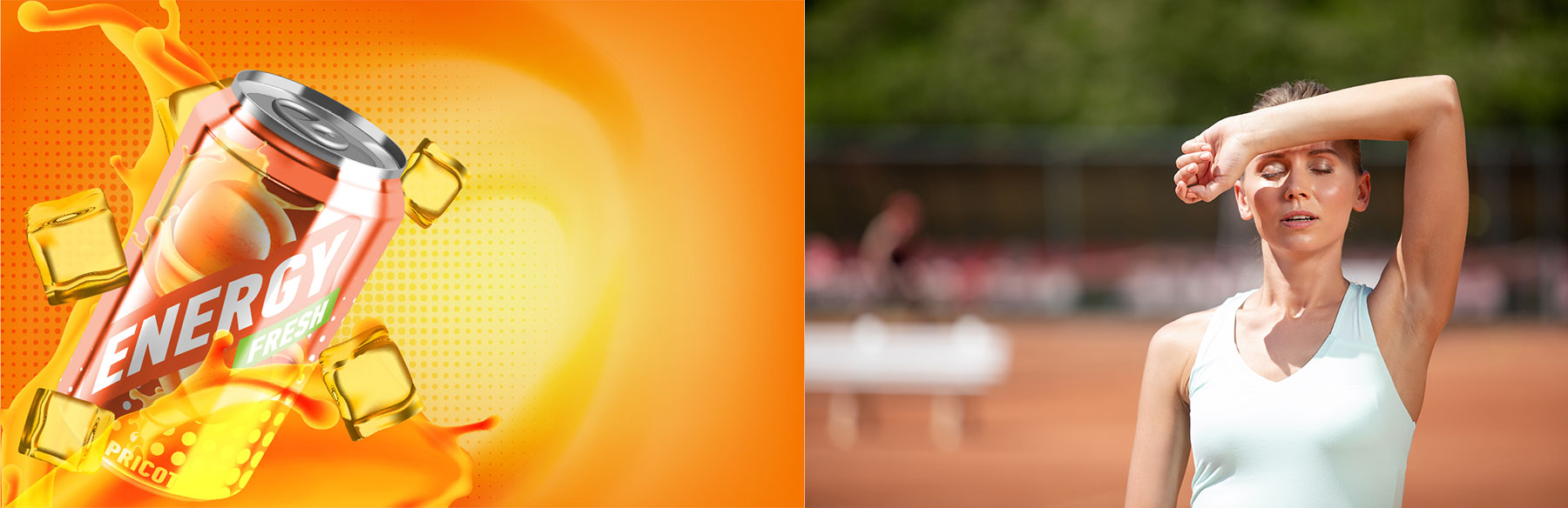 Tennis woman souffrant de la chaleur et canette de boisson bien fraîche.